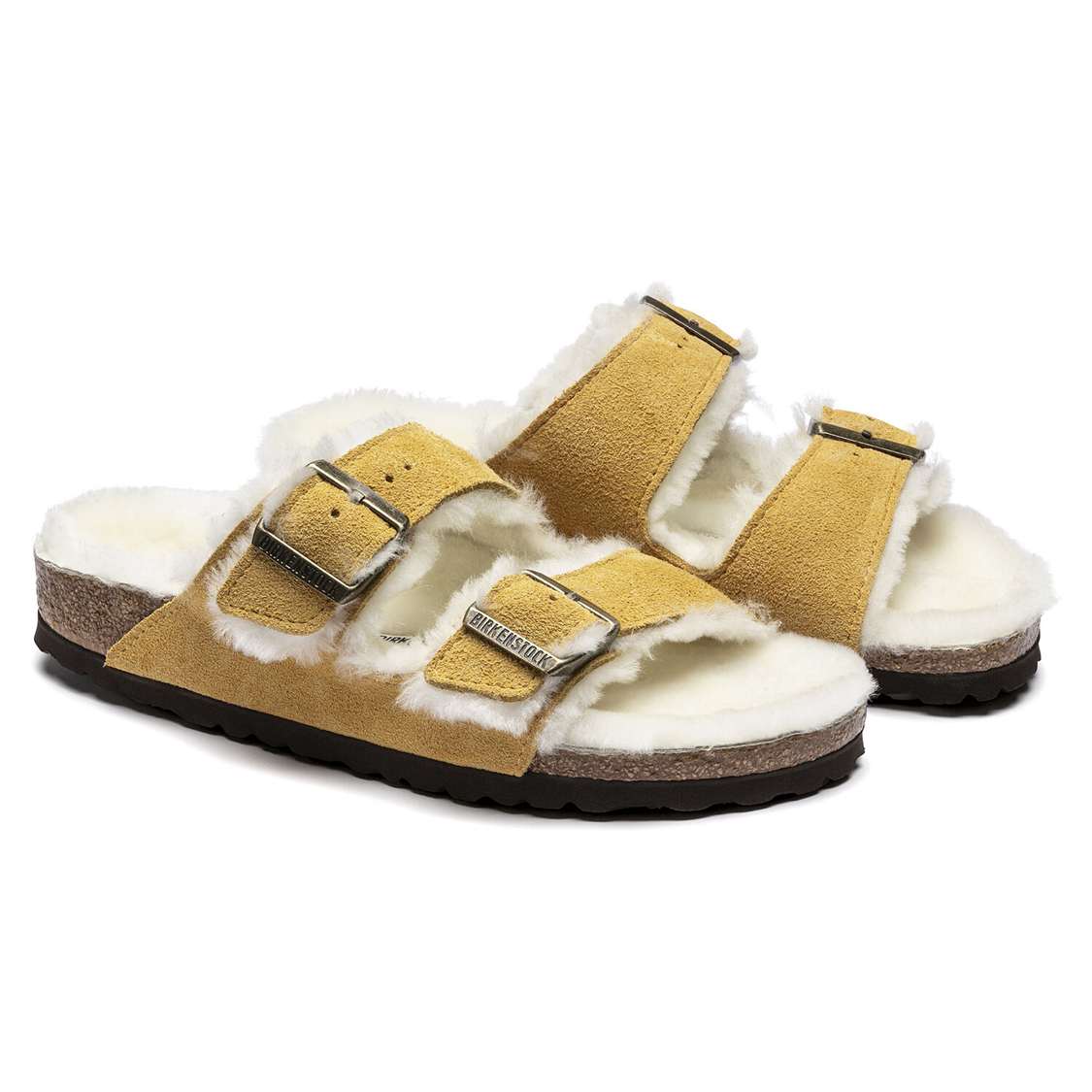 Beige Birkenstock Arizona Shearling Suede Leather Women's Two Strap Sandals | ECSGqKDmAHU