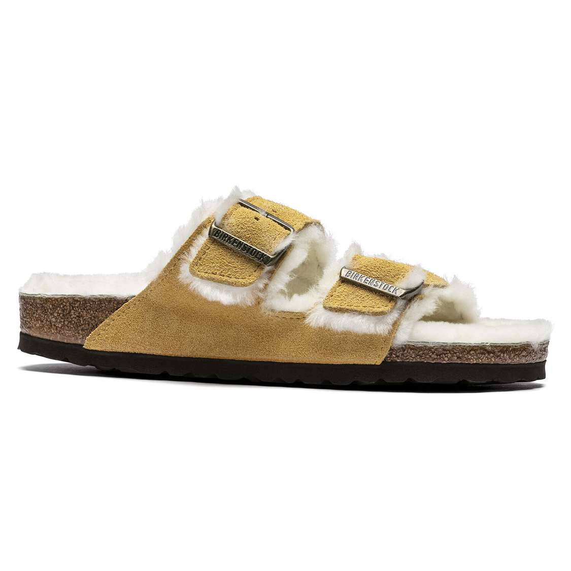 Beige Birkenstock Arizona Shearling Suede Leather Women's Two Strap Sandals | ECSGqKDmAHU