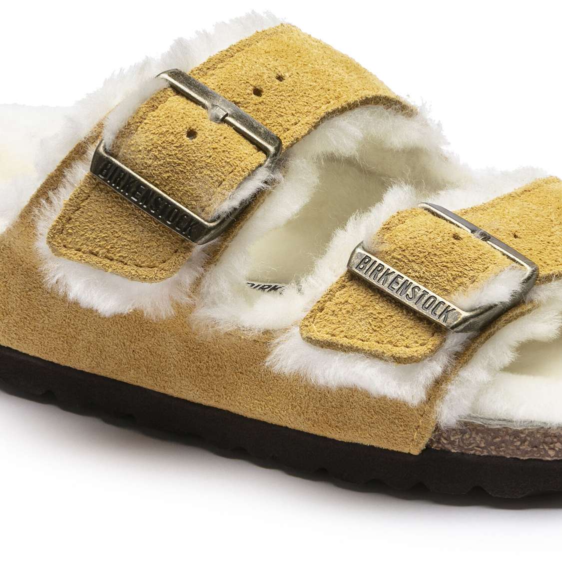 Beige Birkenstock Arizona Shearling Suede Leather Women's Two Strap Sandals | ECSGqKDmAHU