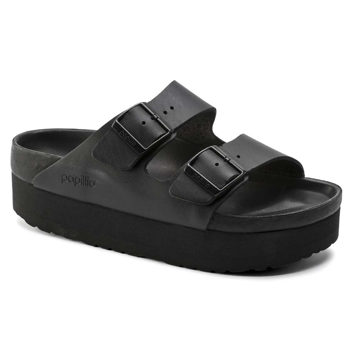 Black Birkenstock Arizona Platform Leather Women\'s Two Strap Sandals | jf2k1WPIoGA