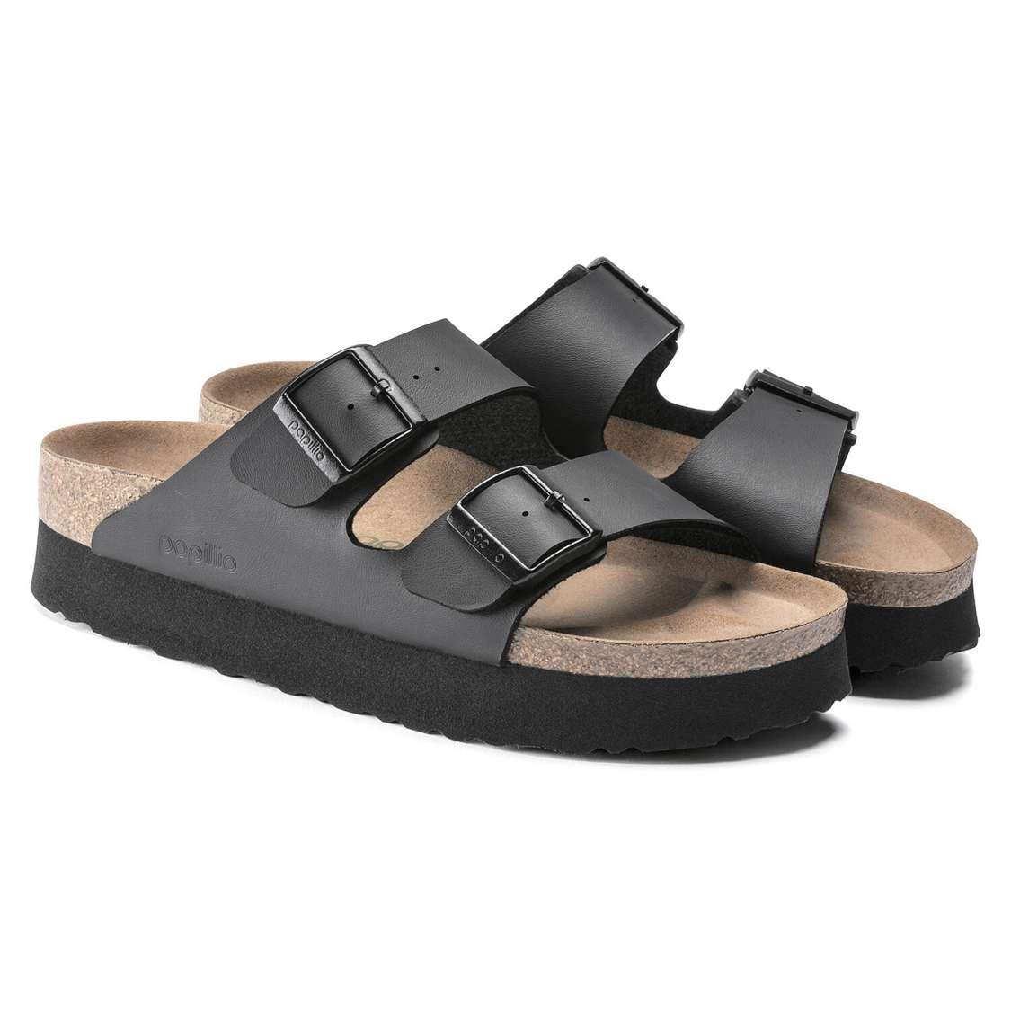 Black Birkenstock Arizona Platform Vegan Birko-Flor Women's Two Strap Sandals | 4kyegWcCCaF