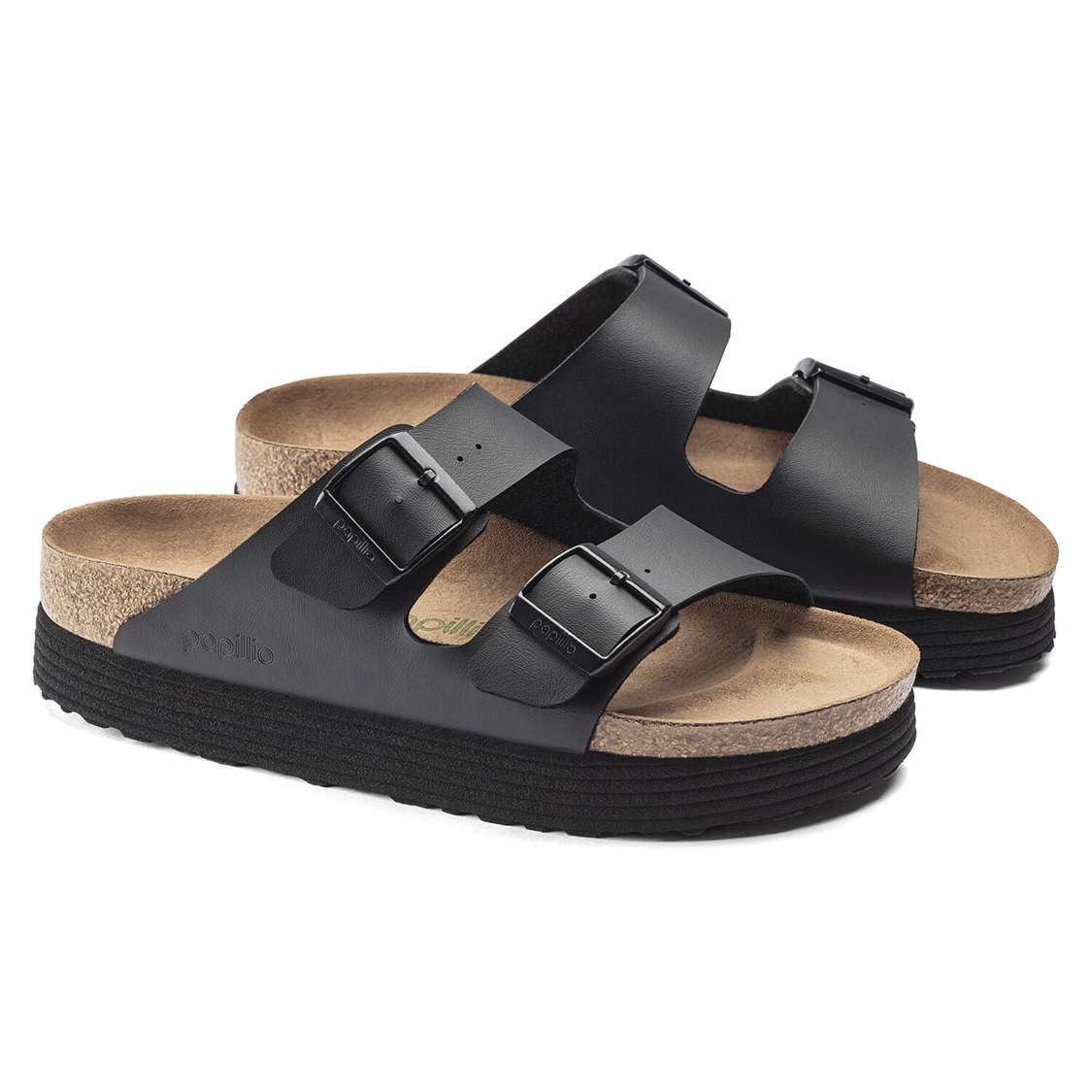 Black Birkenstock Arizona Platform Vegan Birko-Flor Women's Two Strap Sandals | LPlyn1UHyOi