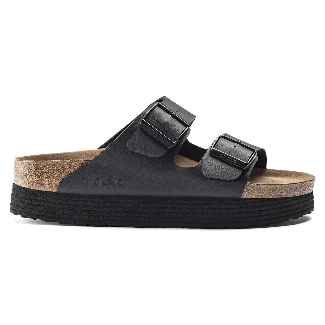 Black Birkenstock Arizona Platform Vegan Birko-Flor Women's Two Strap Sandals | LPlyn1UHyOi