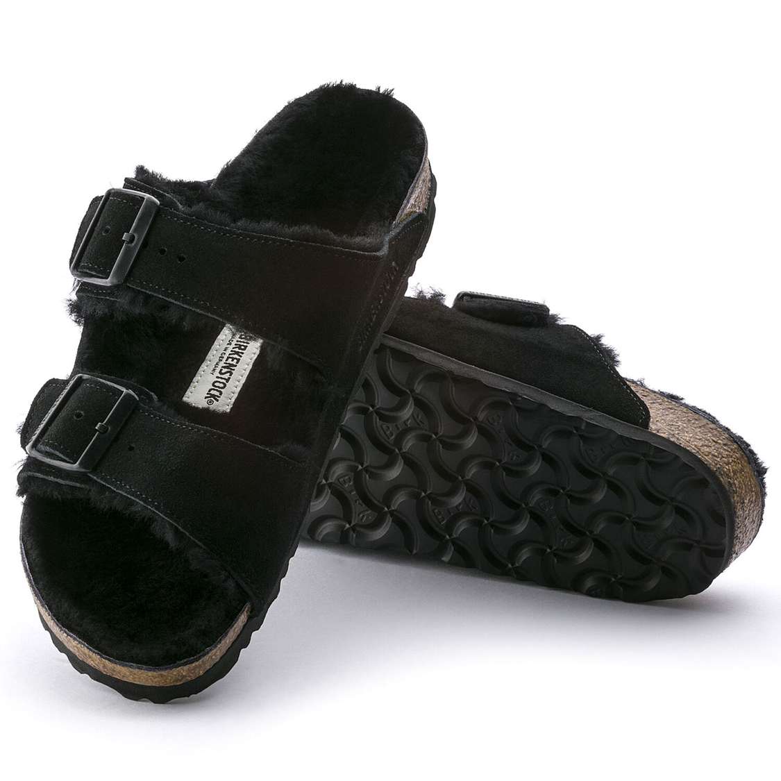 Black Birkenstock Arizona Shearling Suede Leather Men's Two Strap Sandals | tl162GHIFvb