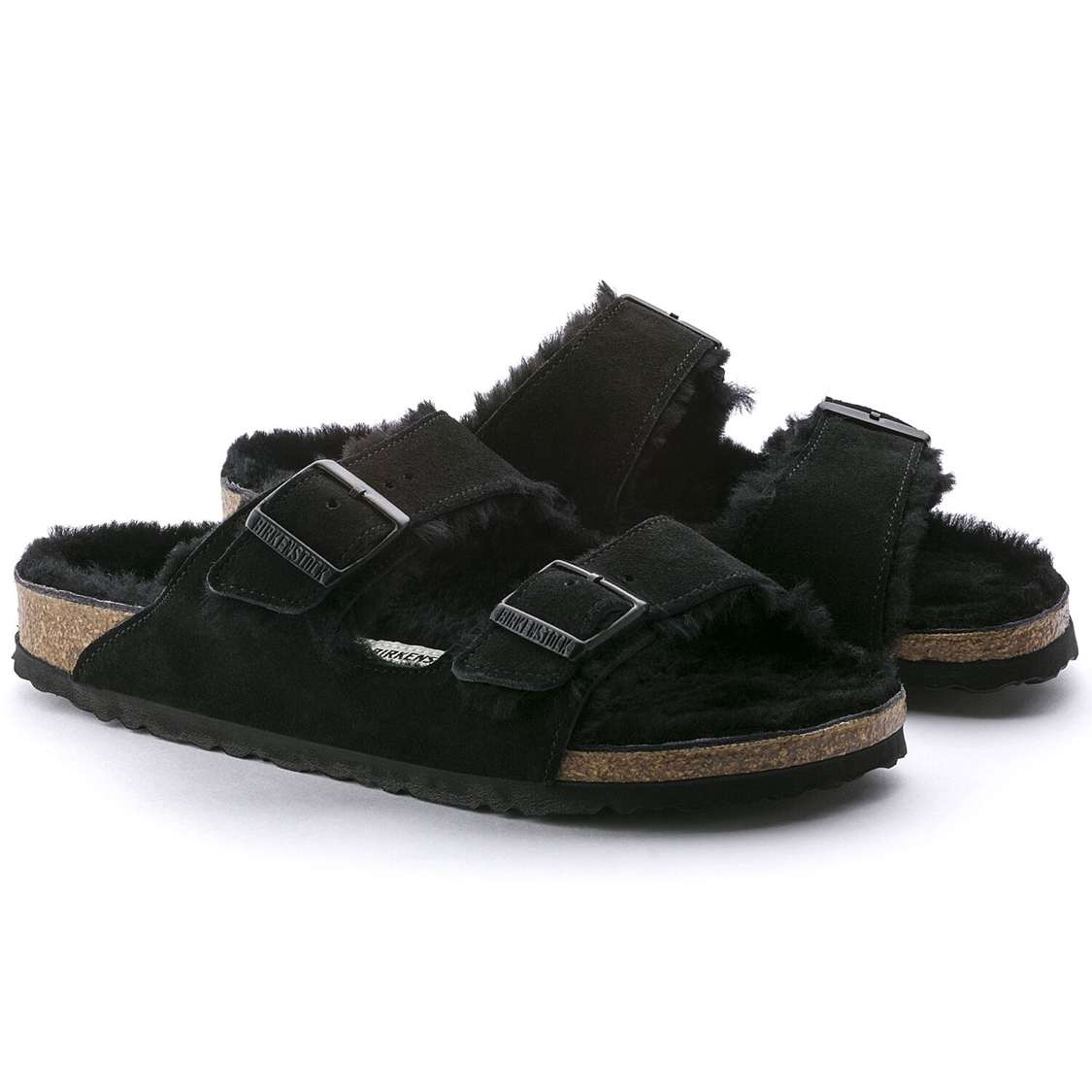 Black Birkenstock Arizona Shearling Suede Leather Men's Two Strap Sandals | tl162GHIFvb