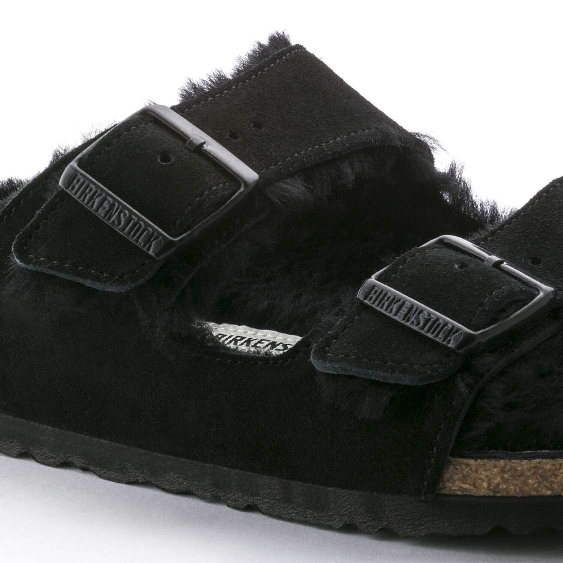 Black Birkenstock Arizona Shearling Suede Leather Men's Two Strap Sandals | tl162GHIFvb