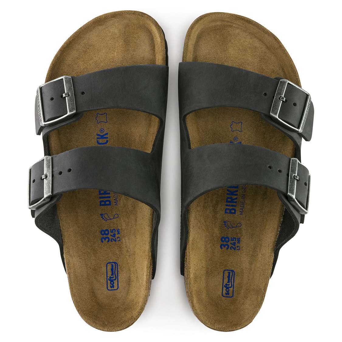 Black Birkenstock Arizona Soft Footbed Oiled Nubuck Leather Men's Two Strap Sandals | BtZluT5jMLd