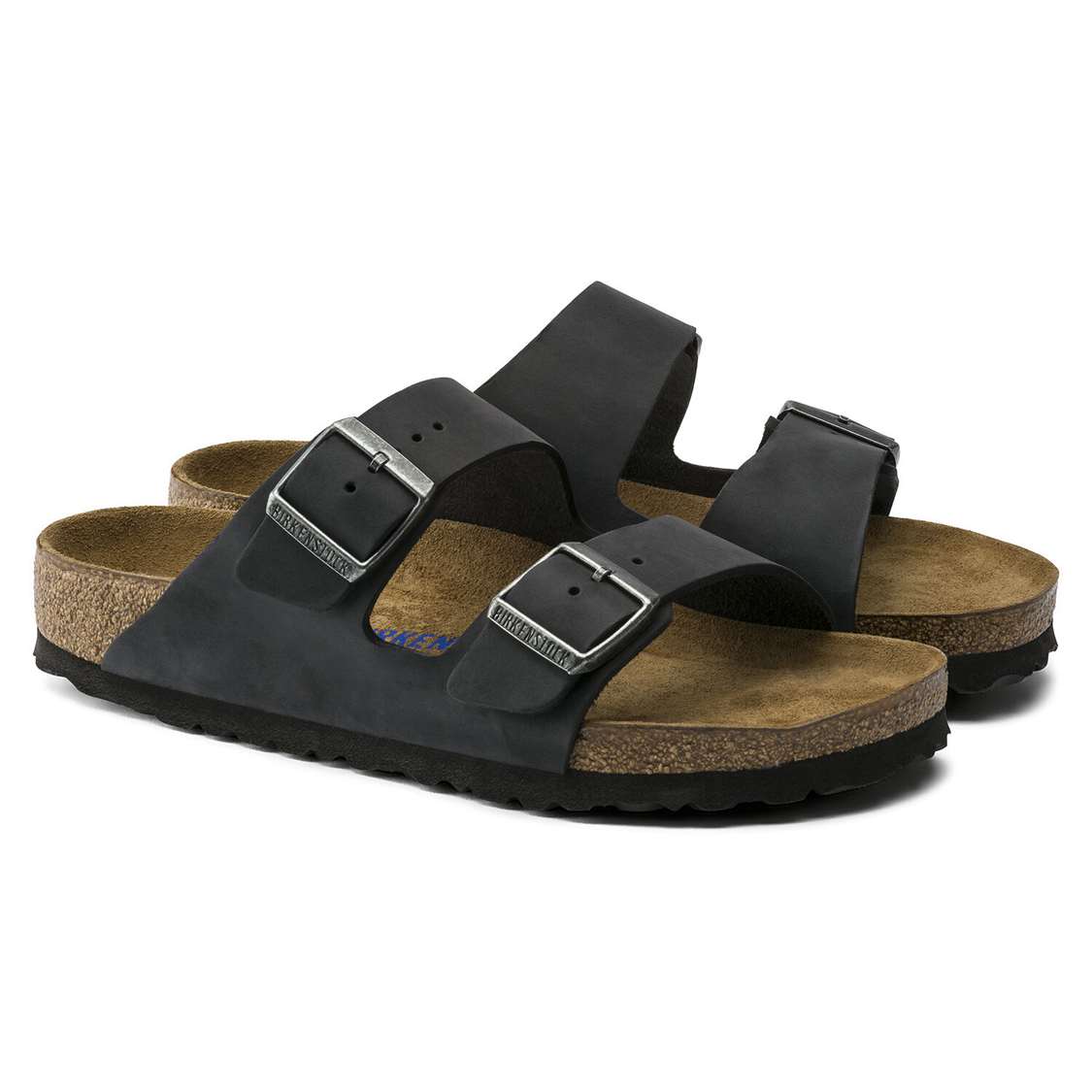 Black Birkenstock Arizona Soft Footbed Oiled Nubuck Leather Men's Two Strap Sandals | BtZluT5jMLd