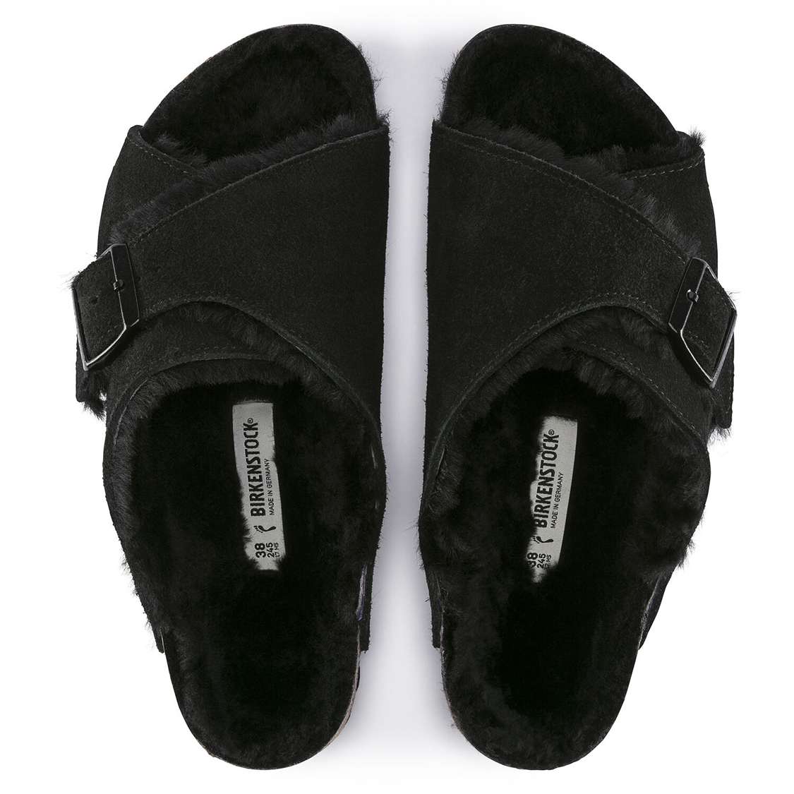 Black Birkenstock Arosa Shearling Suede Leather Women's Two Strap Sandals | hSHv3etz4qZ