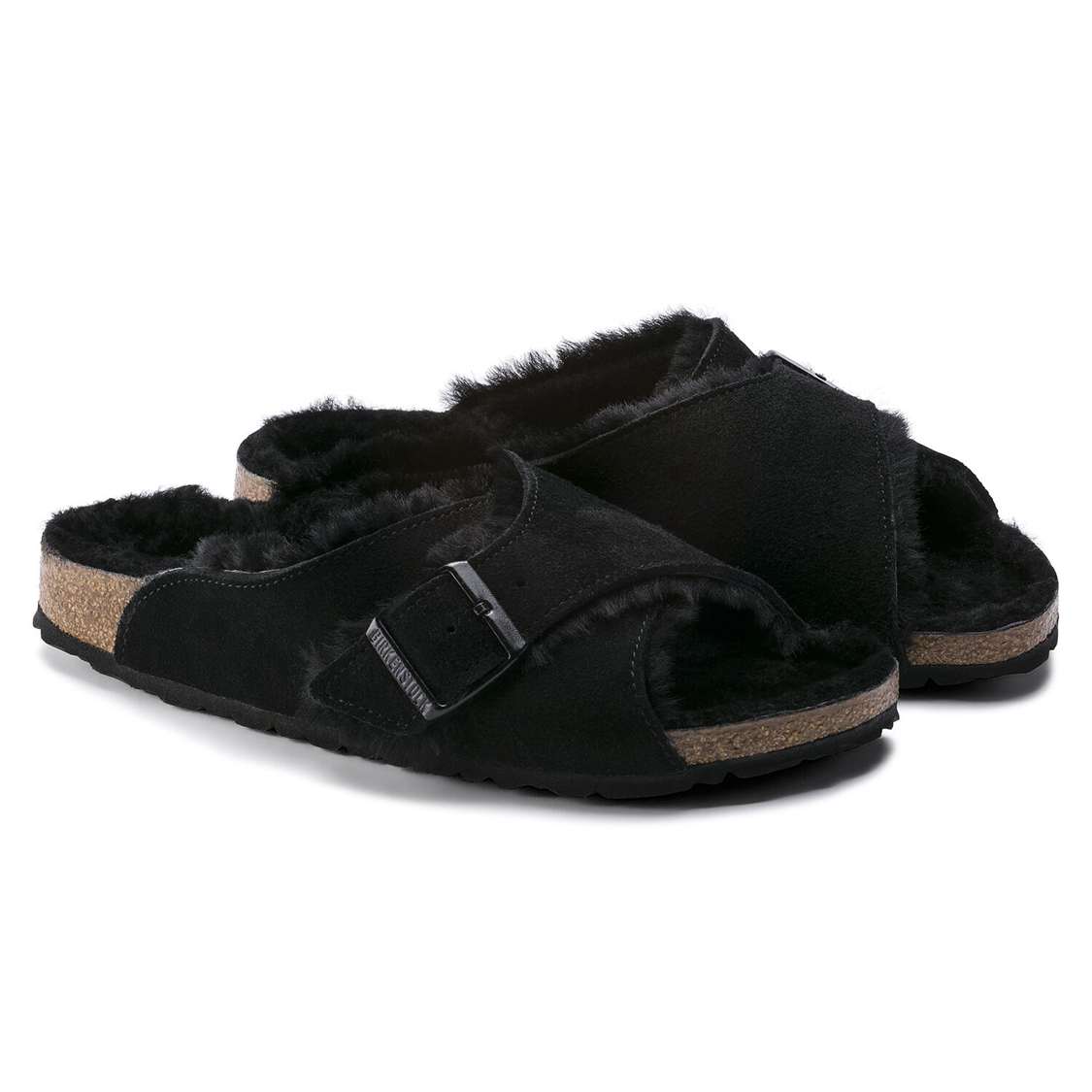 Black Birkenstock Arosa Shearling Suede Leather Women's Two Strap Sandals | hSHv3etz4qZ