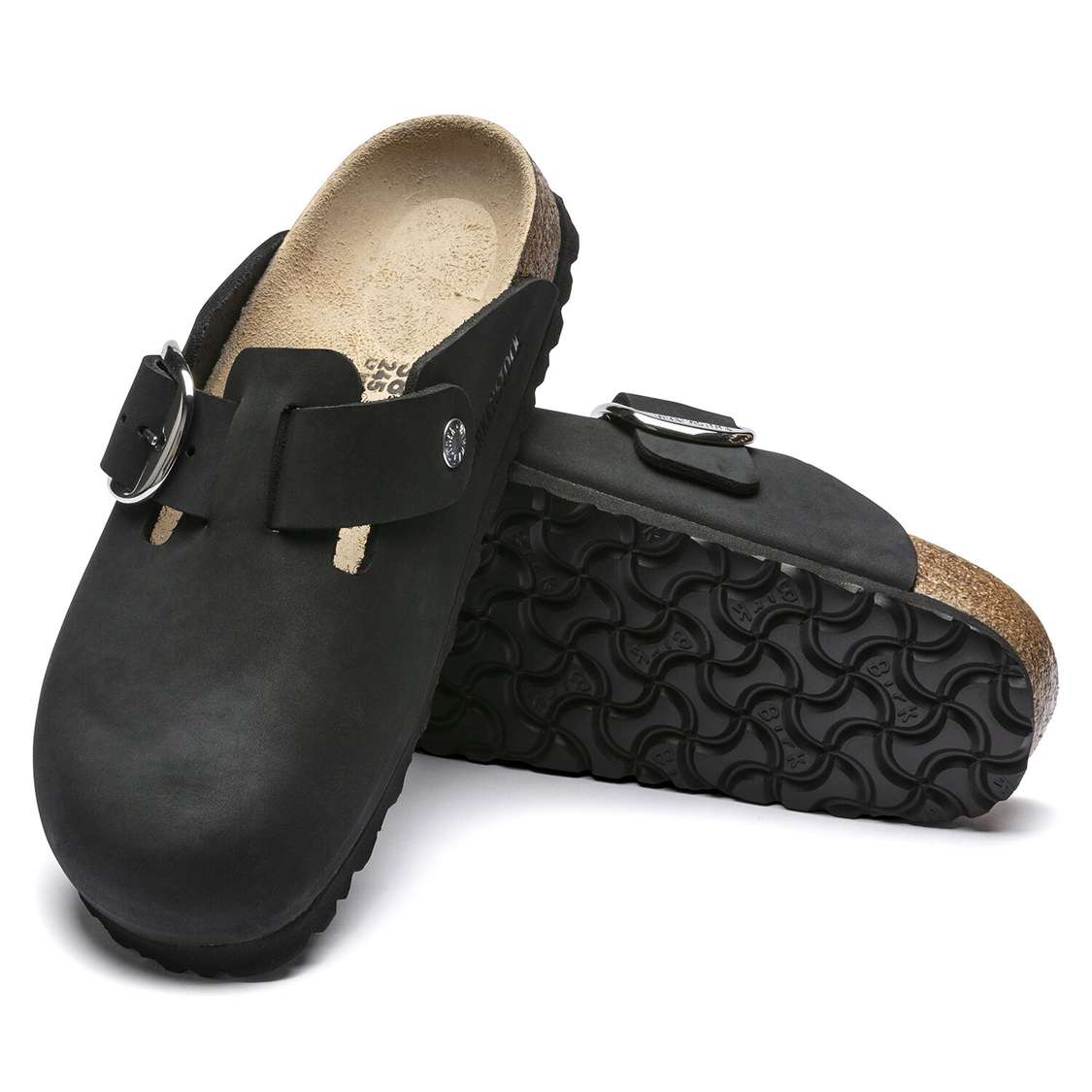 Black Birkenstock Boston Big Buckle Nubuck Leather Women's Clogs | kbtSmDqzSAl