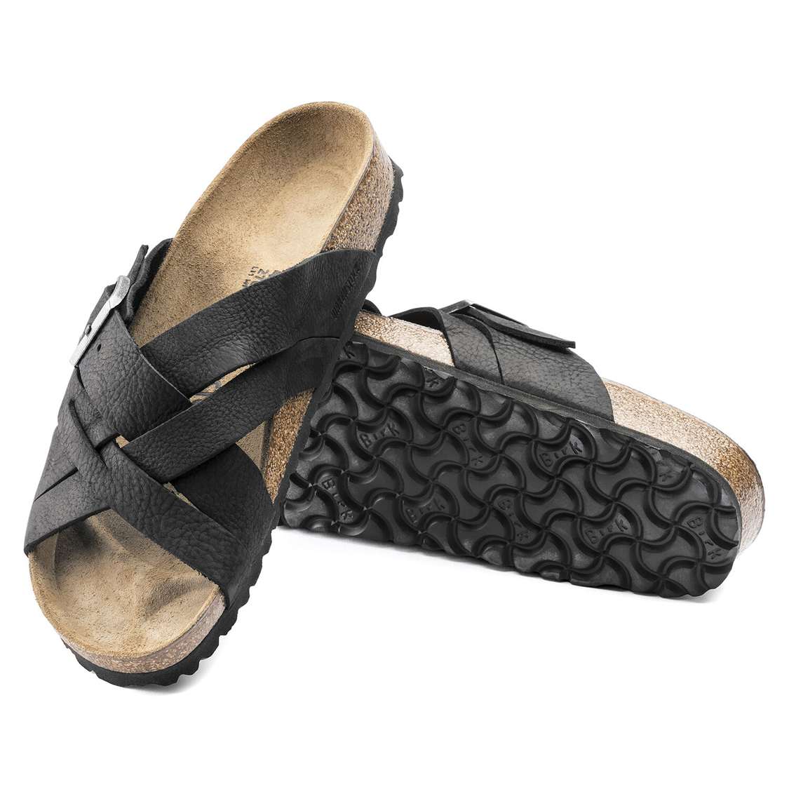 Black Birkenstock Lugano Oiled Leather Men's Two Strap Sandals | Cy1zSGSjR4W