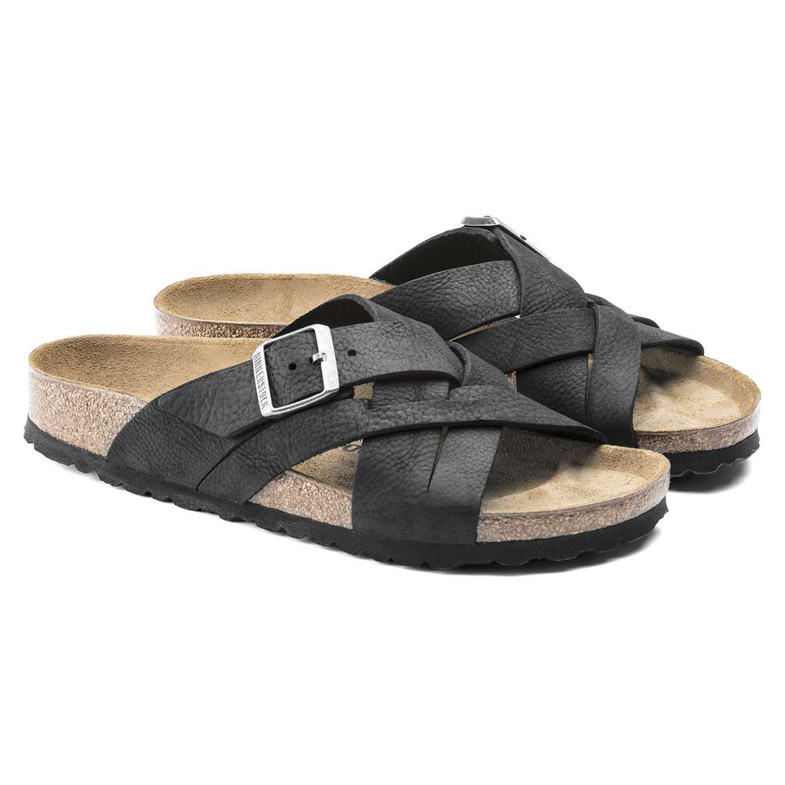 Black Birkenstock Lugano Oiled Leather Men's Two Strap Sandals | Cy1zSGSjR4W