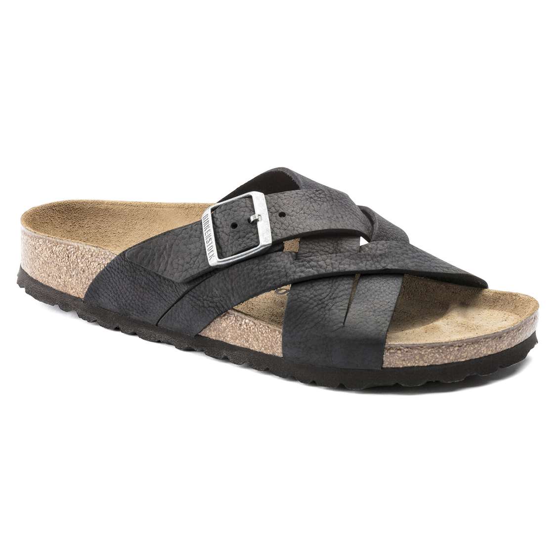 Black Birkenstock Lugano Oiled Leather Men\'s Two Strap Sandals | Cy1zSGSjR4W