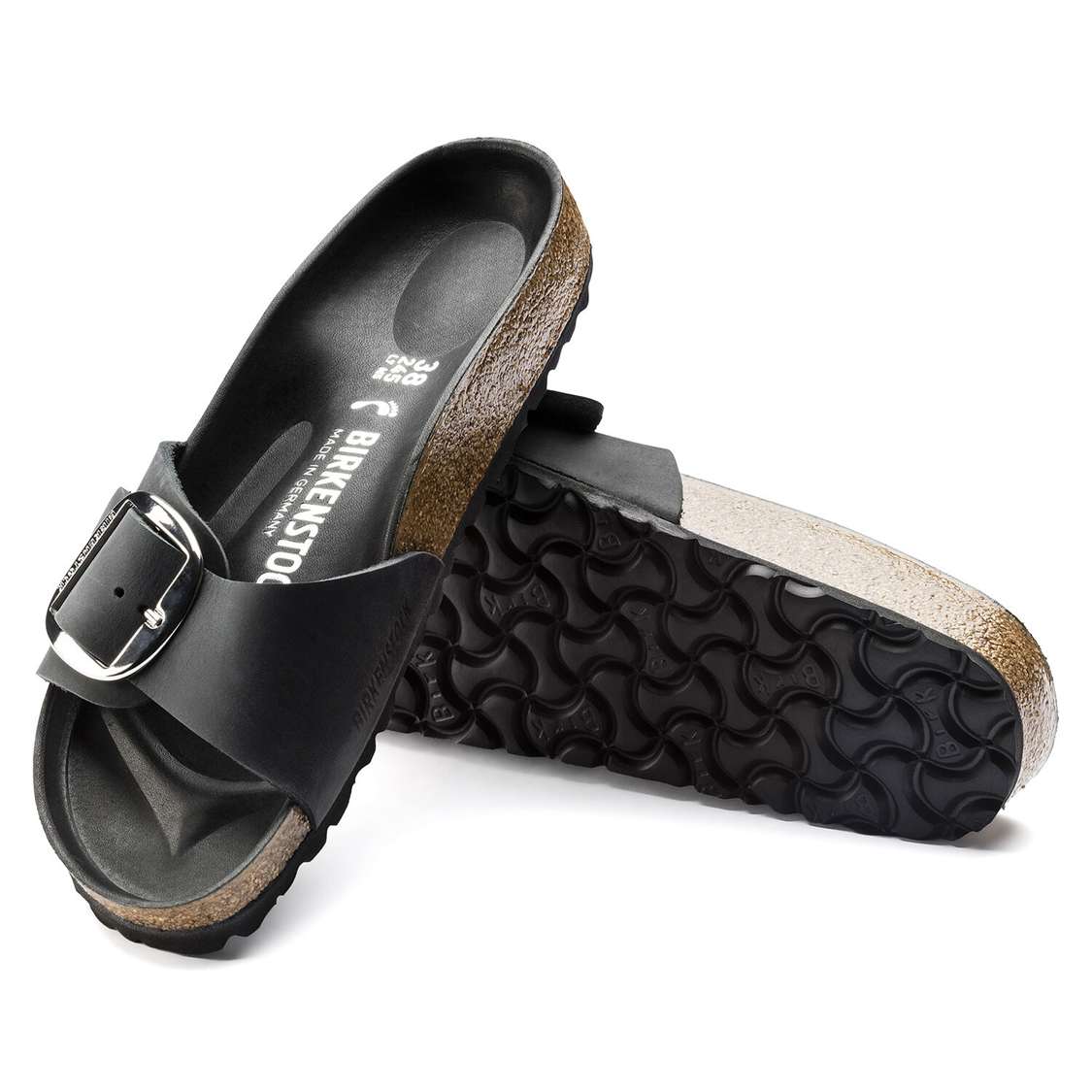 Black Birkenstock Madrid Big Buckle Oiled Leather Women's One Strap Sandals | P6n266WgJjP