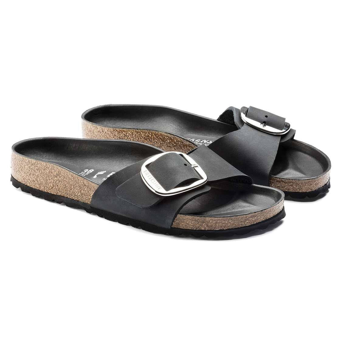 Black Birkenstock Madrid Big Buckle Oiled Leather Women's One Strap Sandals | P6n266WgJjP