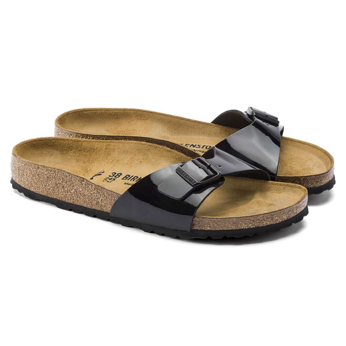 Black Birkenstock Madrid Birko-Flor Patent Women's One Strap Sandals | 4KqggXXy8y9