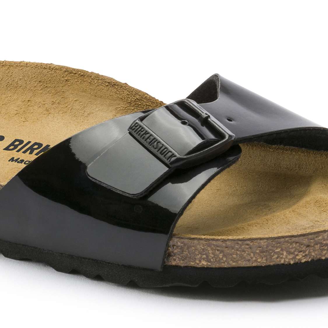 Black Birkenstock Madrid Birko-Flor Patent Women's One Strap Sandals | 4KqggXXy8y9