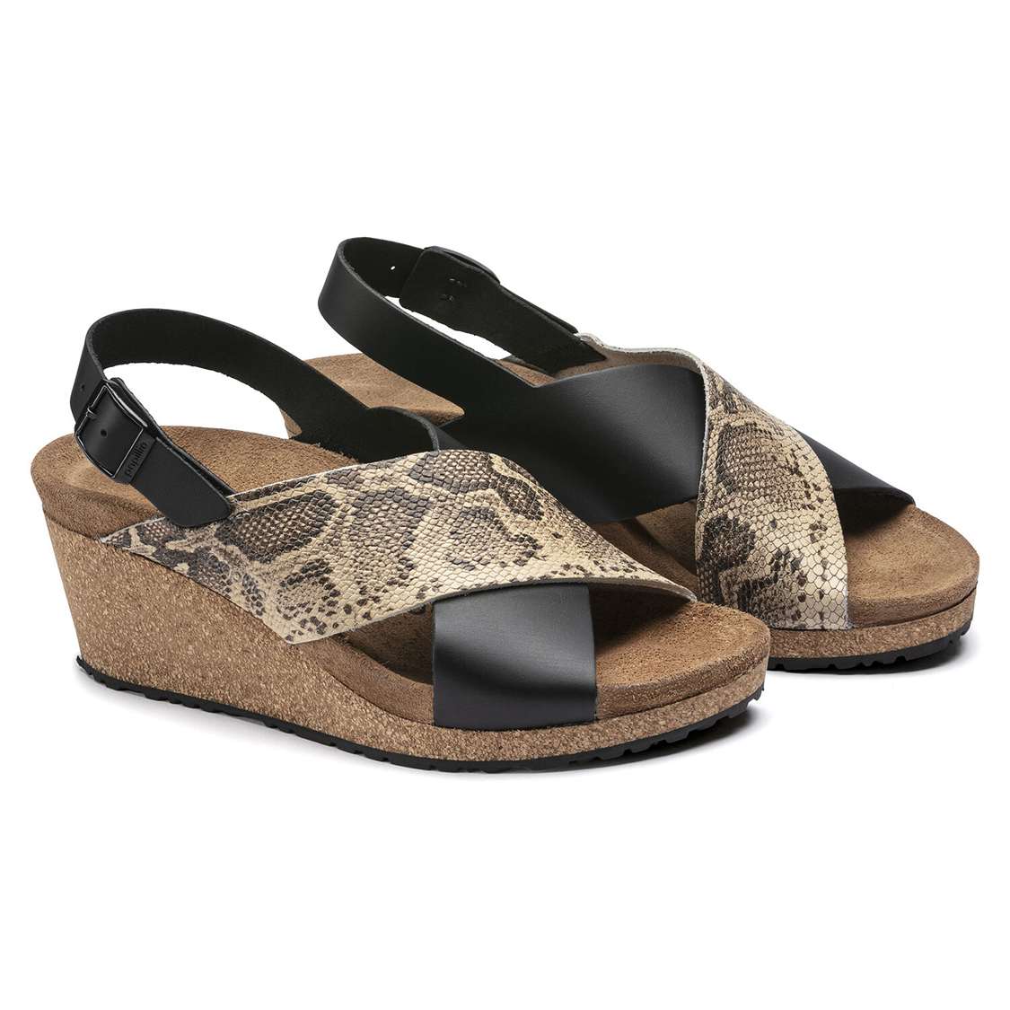 Black / Snake Beige Birkenstock Samira Embossed Leather Women's Two Strap Sandals | 8AnMahfwnWk