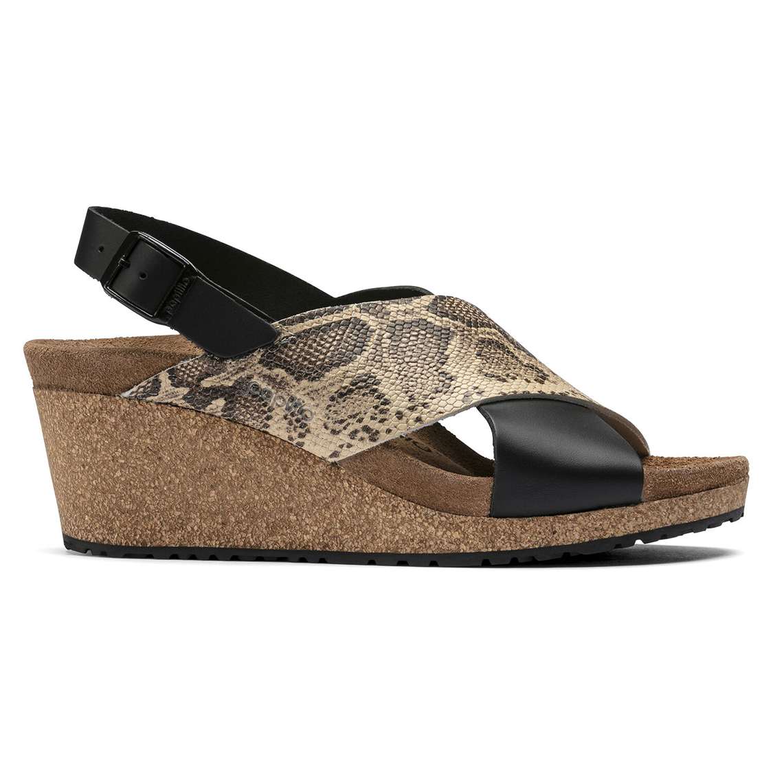 Black / Snake Beige Birkenstock Samira Embossed Leather Women's Wedges Sandals | JfRJ66QJTxW