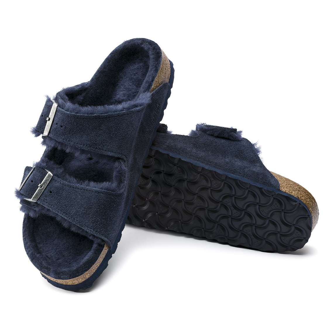 Blue Birkenstock Arizona Shearling Suede Leather Men's Two Strap Sandals | rvRbL2gfdn5