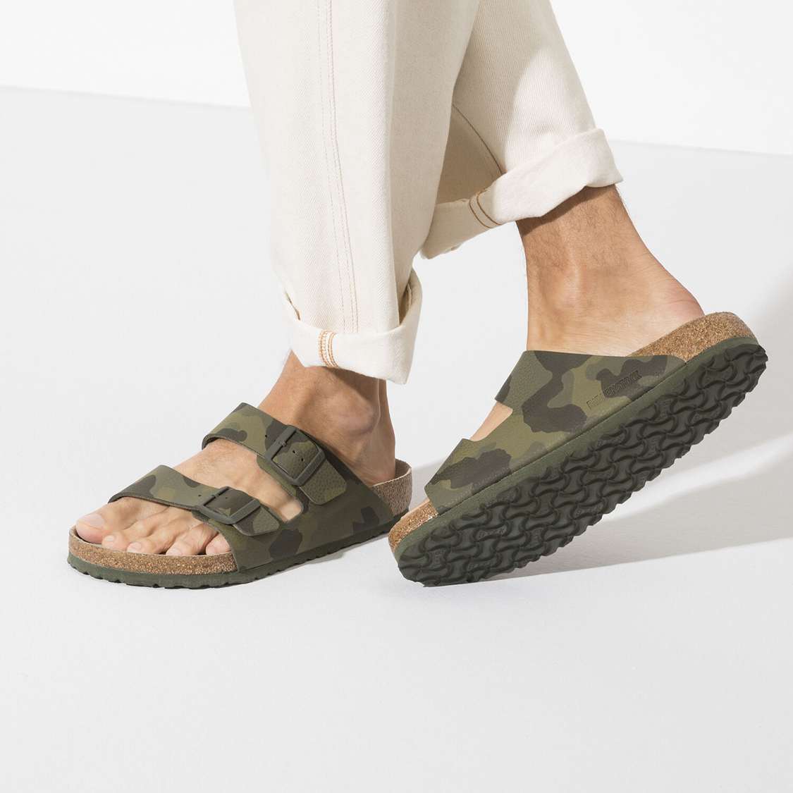 Camo Green Birkenstock Arizona Soft Footbed Birko-Flor Men's Two Strap Sandals | T63lhAXTRo8