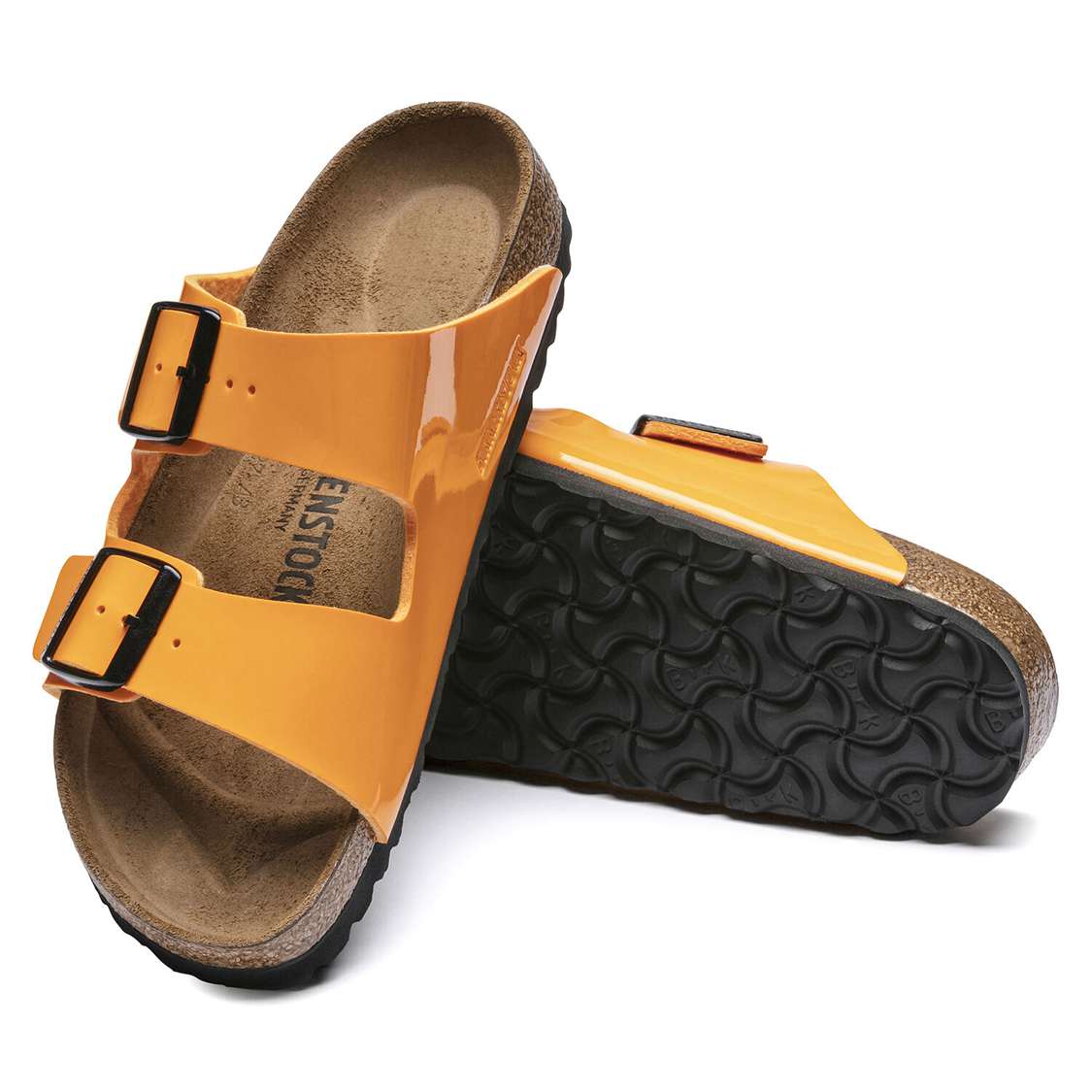 Gold Birkenstock Arizona Birko-Flor Patent Women's Two Strap Sandals | X1MUcuCyP1l