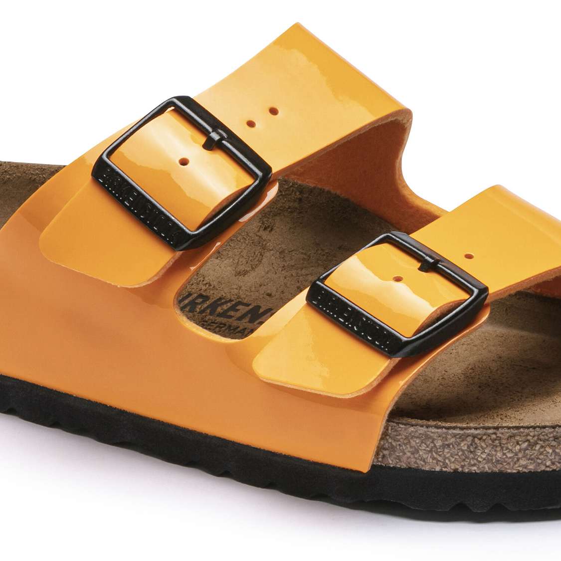 Gold Birkenstock Arizona Birko-Flor Patent Women's Two Strap Sandals | X1MUcuCyP1l