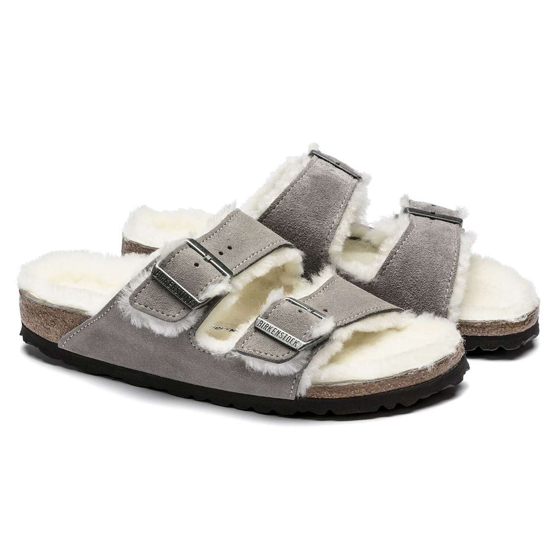 Grey Birkenstock Arizona Shearling Suede Leather Women's Two Strap Sandals | VacayVhfuEV