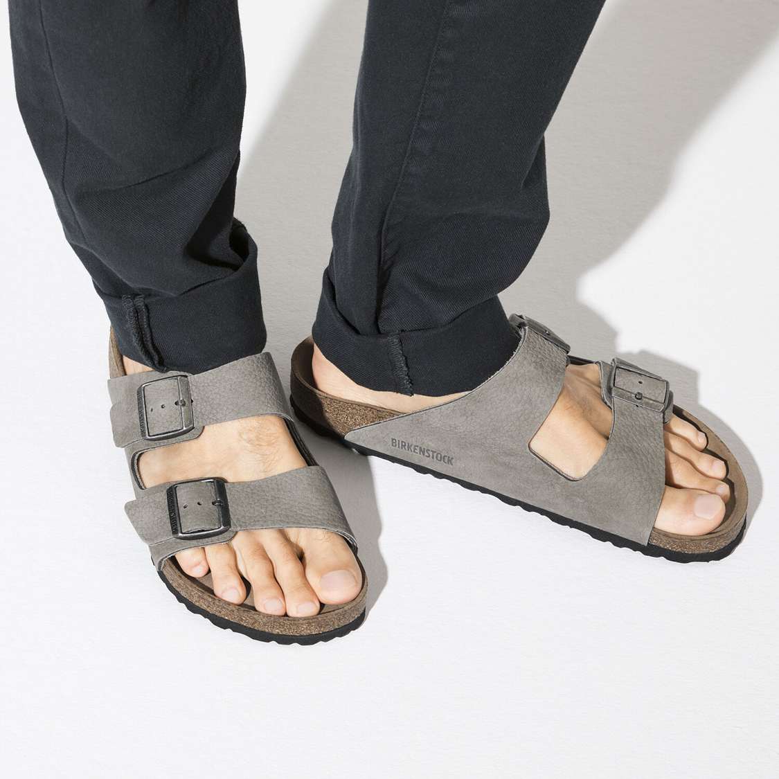 Grey Birkenstock Arizona Soft Footbed Nubuck Leather Men's Two Strap Sandals | uBfGSgisWN9