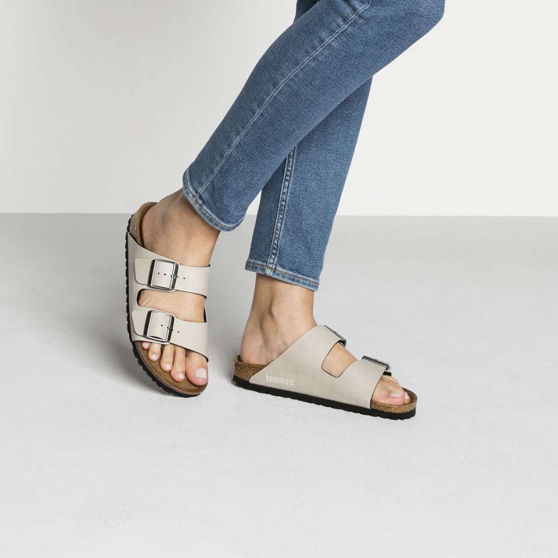 Grey Birkenstock Arizona Vegan Birko-Flor Women's Two Strap Sandals | WFc6mDzWR9T