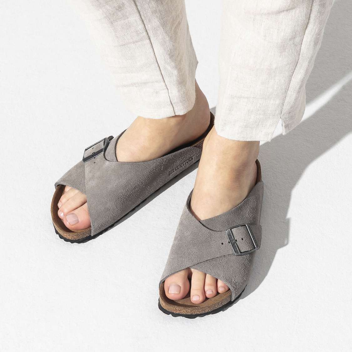 Grey Birkenstock Arosa Soft Footbed Suede Leather Women's Two Strap Sandals | Fls2umciyfB