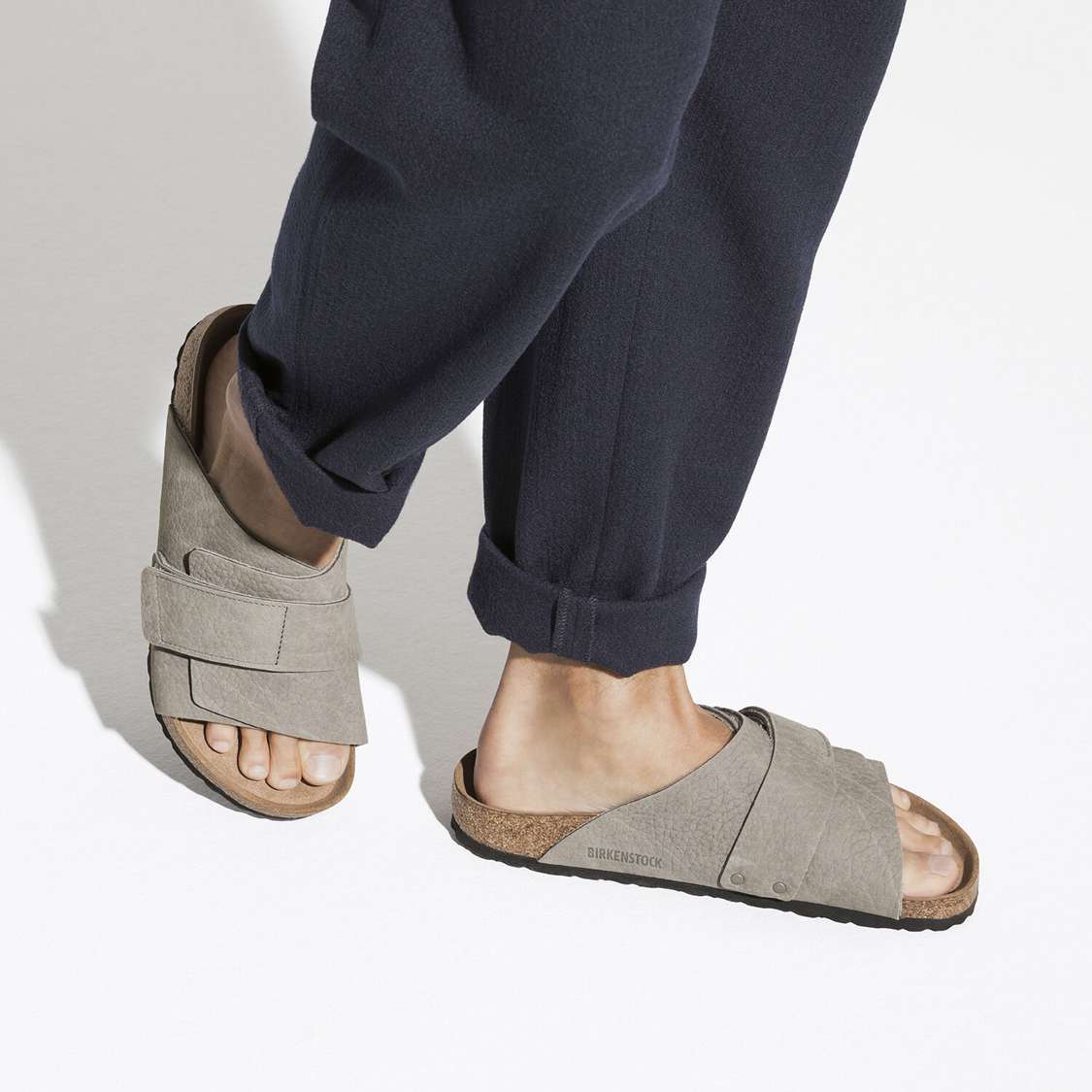 Grey Birkenstock Kyoto Soft Footbed Nubuck Leather Men's One Strap Sandals | n9EtjyArhdF