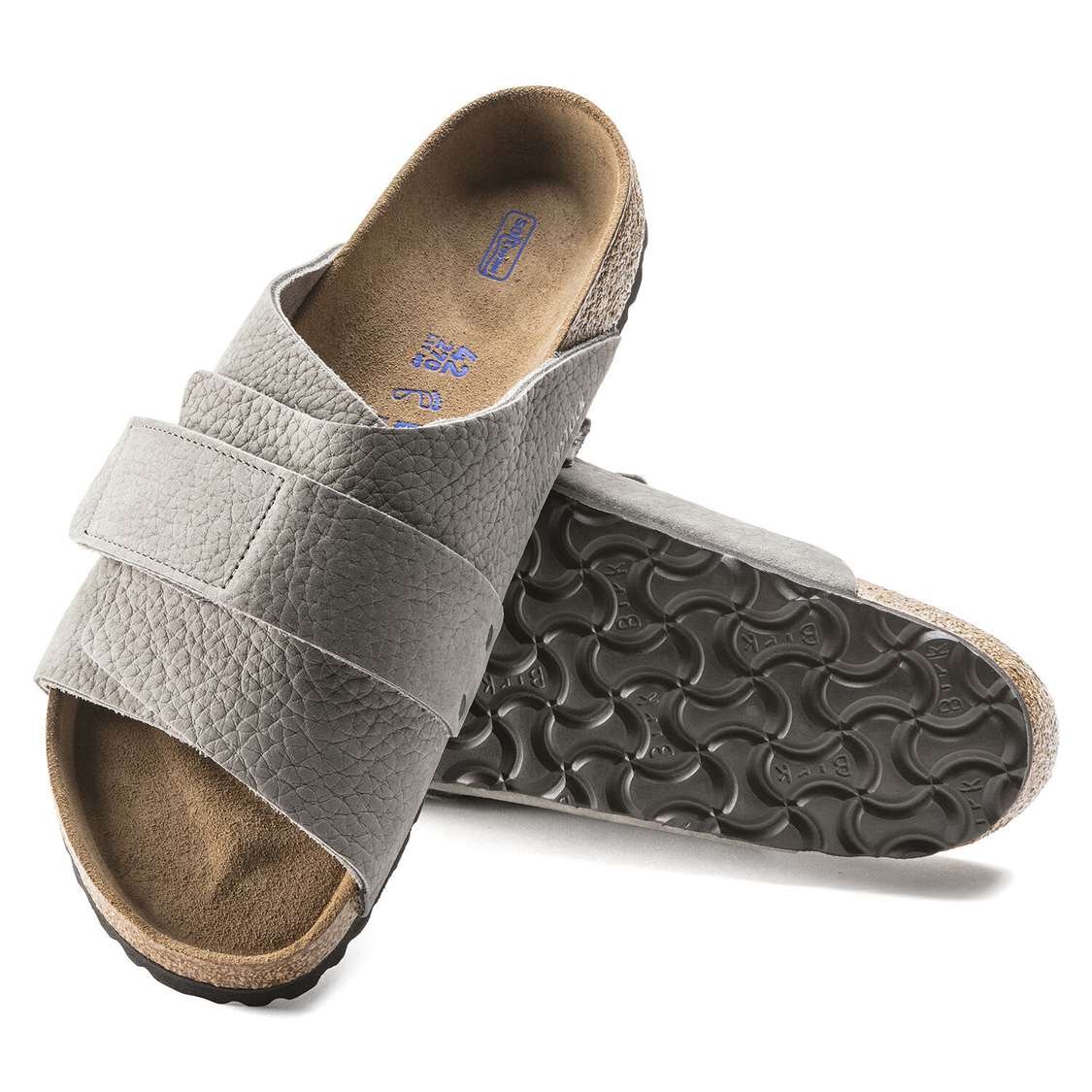 Grey Birkenstock Kyoto Soft Footbed Nubuck Leather Men's One Strap Sandals | n9EtjyArhdF