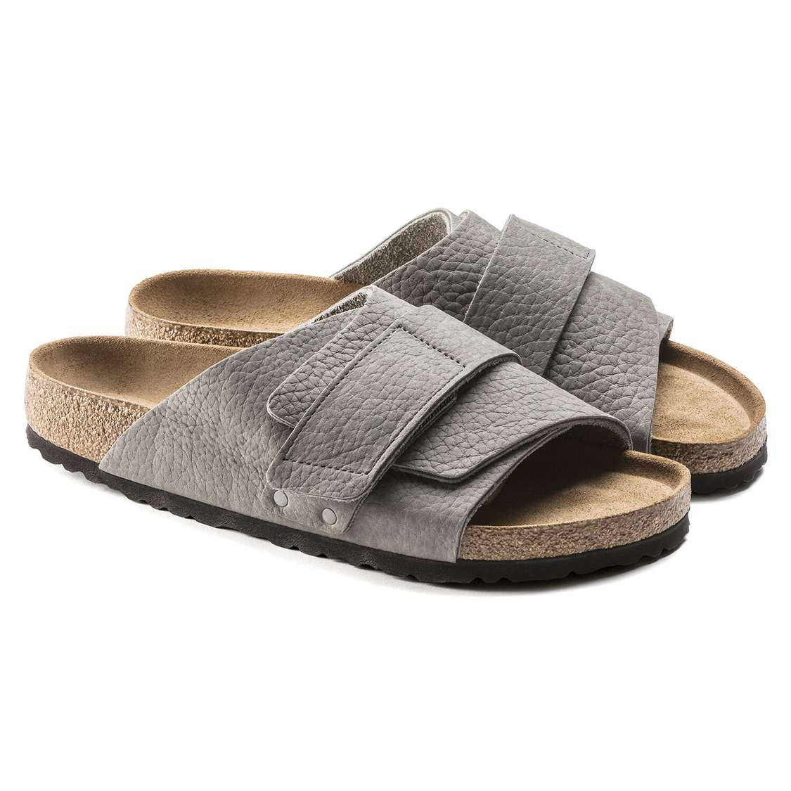 Grey Birkenstock Kyoto Soft Footbed Nubuck Leather Men's One Strap Sandals | n9EtjyArhdF