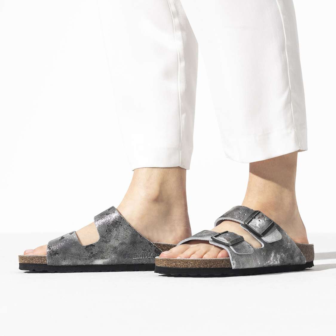 Grey Silver Birkenstock Arizona Suede Leather Women's Two Strap Sandals | gpUxBXsdEUd