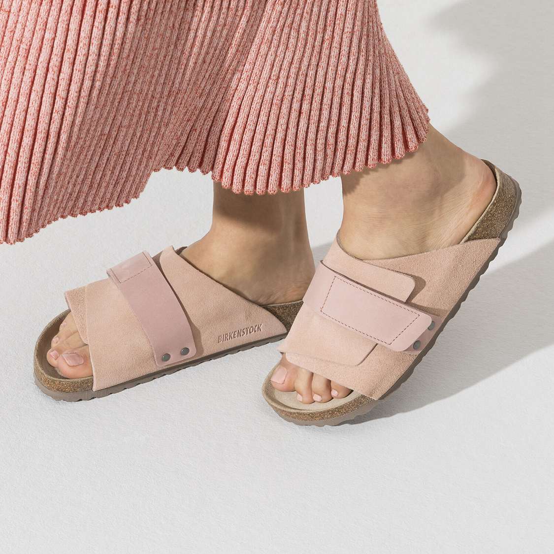 Pink Birkenstock Kyoto Soft Footbed Nubuck/Suede Leather Men's One Strap Sandals | 32wdxFEASQG