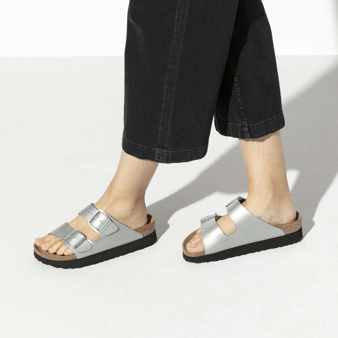 Silver Birkenstock Arizona Platform Birko-Flor Women's Two Strap Sandals | MD8Hi2iBkFU