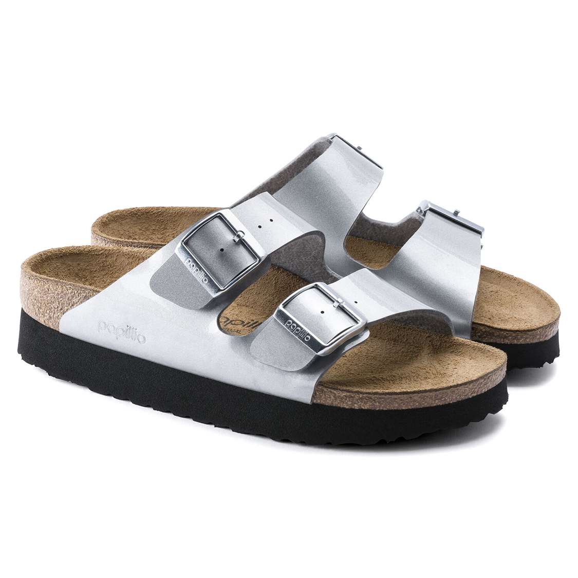 Silver Birkenstock Arizona Platform Birko-Flor Women's Two Strap Sandals | MD8Hi2iBkFU