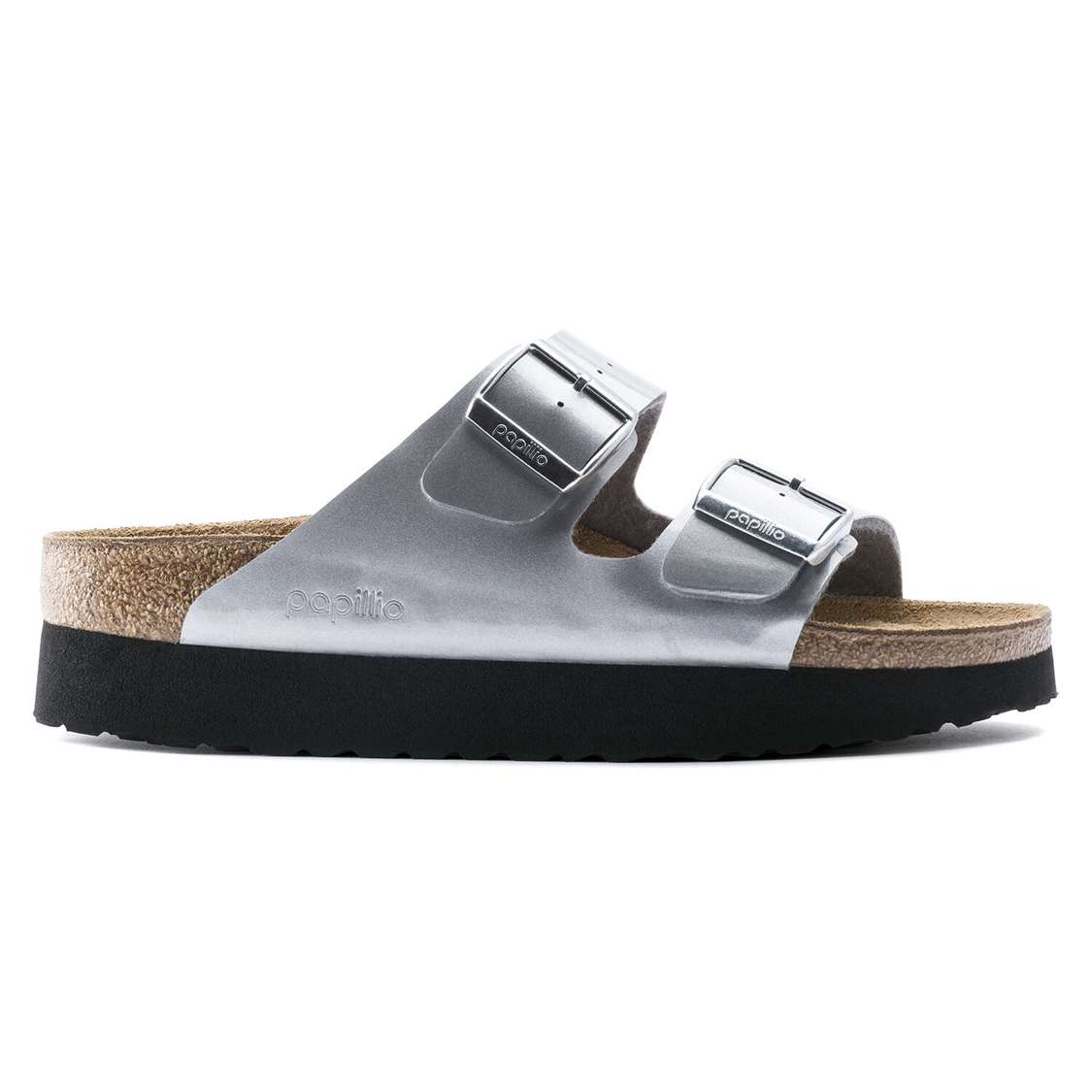 Silver Birkenstock Arizona Platform Birko-Flor Women's Two Strap Sandals | MD8Hi2iBkFU