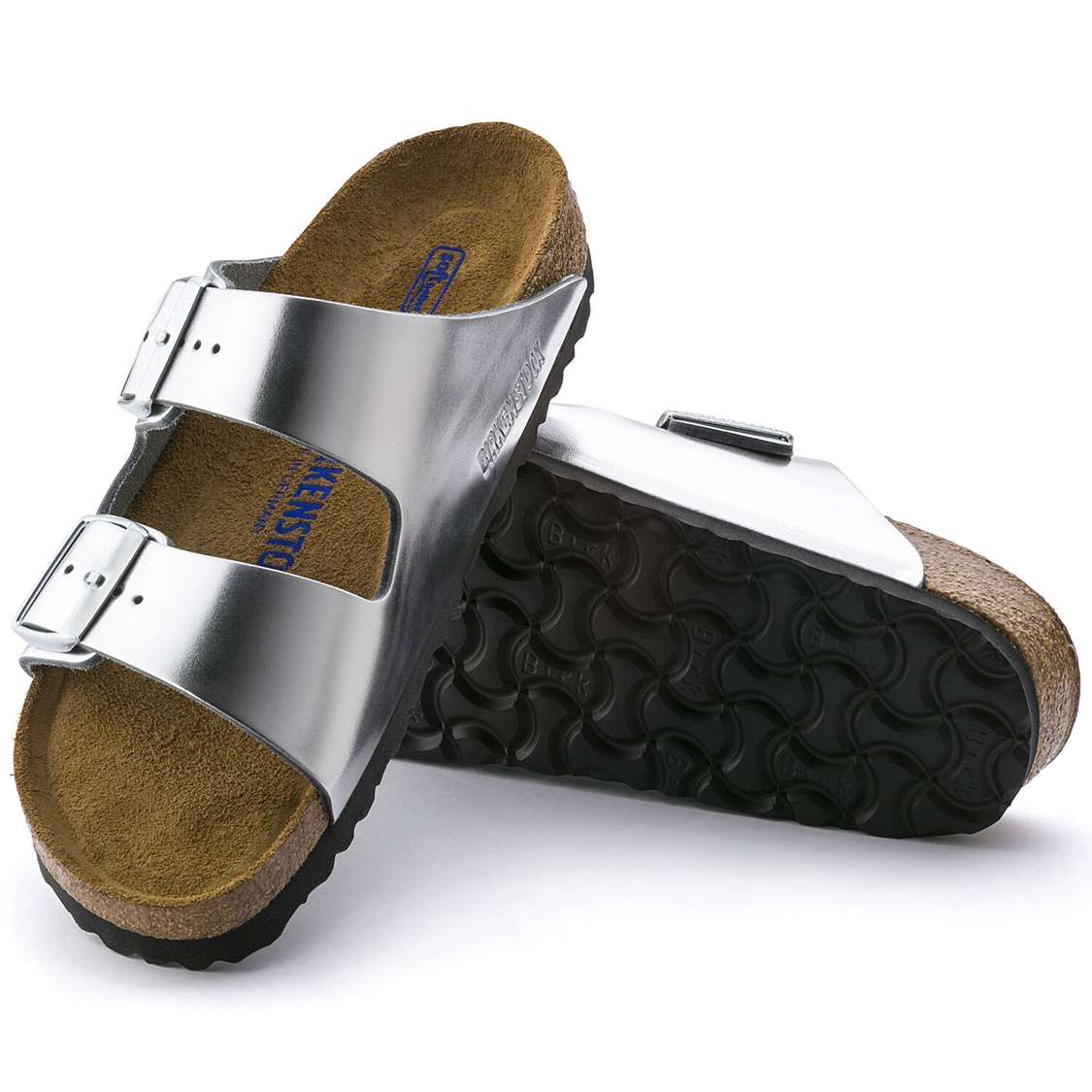 Silver Birkenstock Arizona Soft Footbed Leather Women's Two Strap Sandals | 5IRbt69BZAG