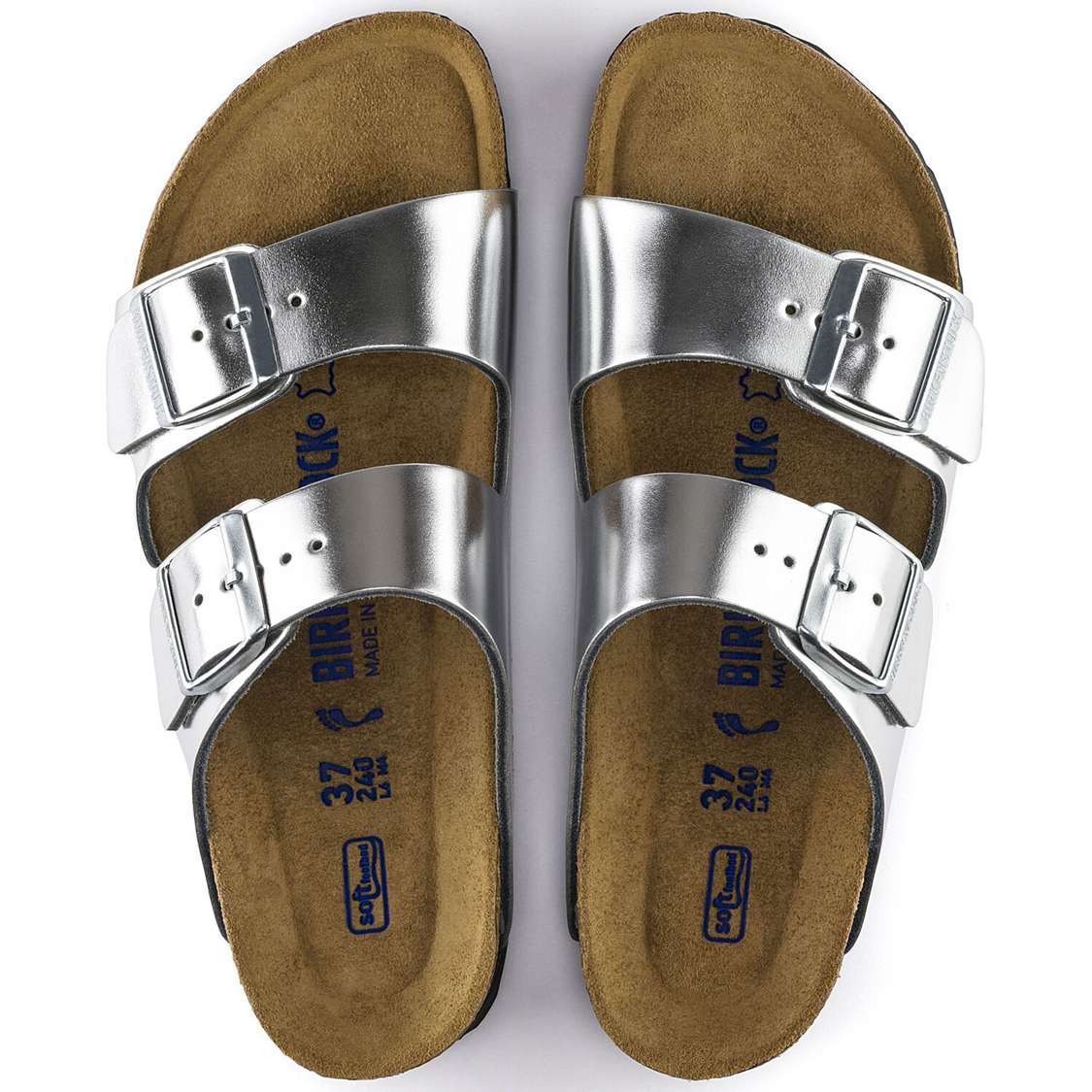 Silver Birkenstock Arizona Soft Footbed Leather Women's Two Strap Sandals | 5IRbt69BZAG