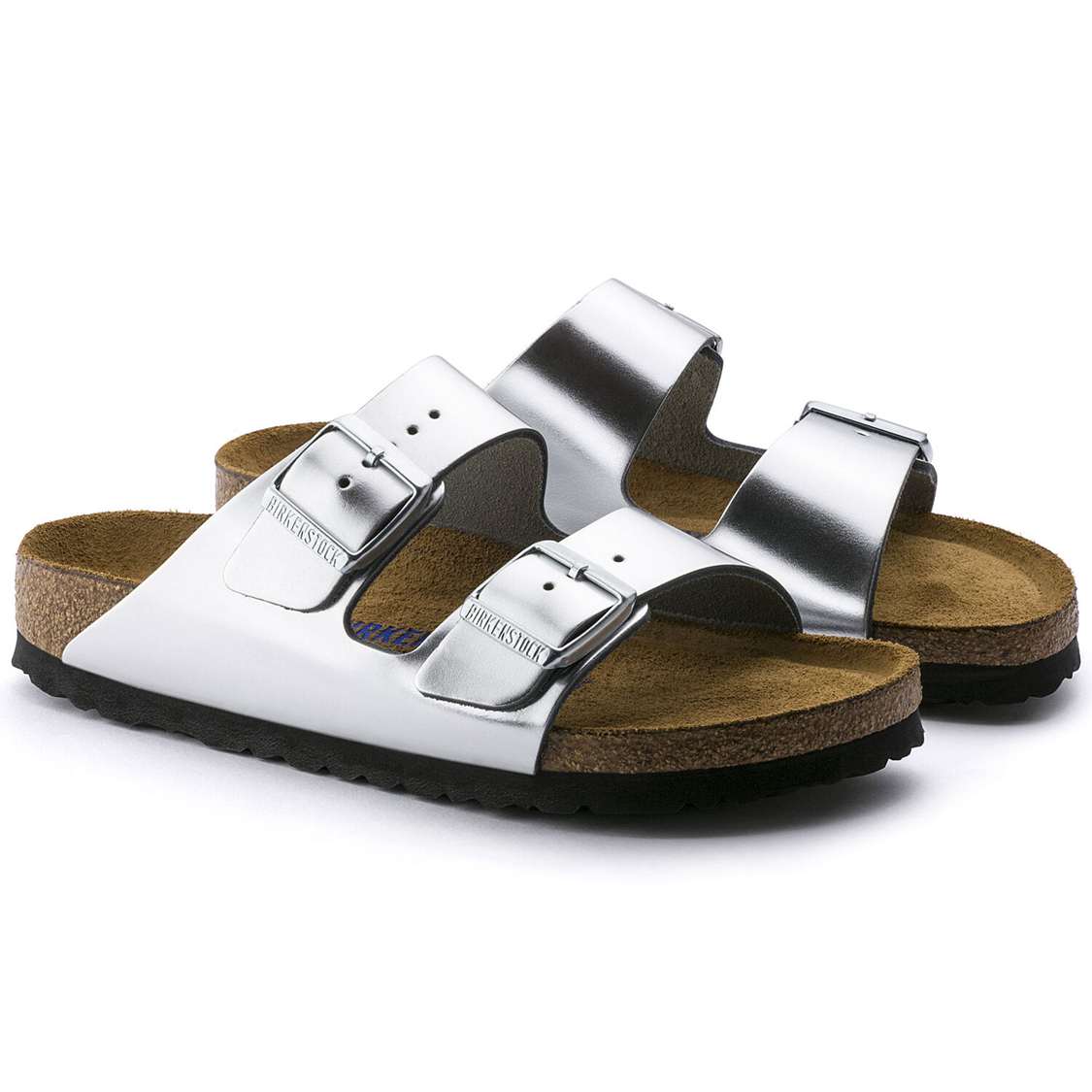 Silver Birkenstock Arizona Soft Footbed Leather Women's Two Strap Sandals | 5IRbt69BZAG