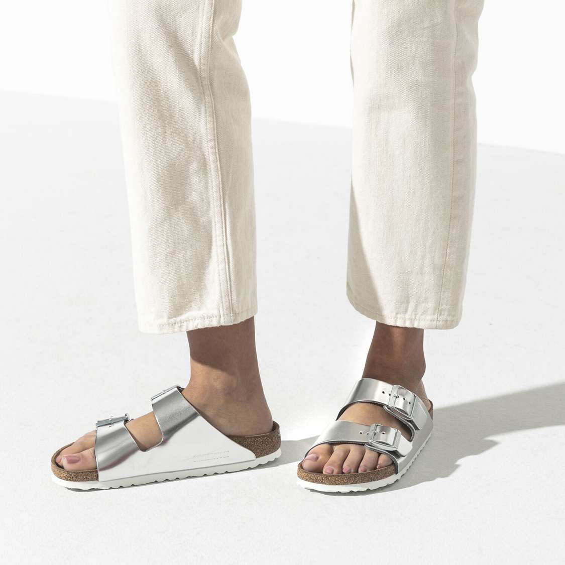 Silver Birkenstock Arizona Soft Footbed Leather Women's Two Strap Sandals | ViZeKc3T4fi