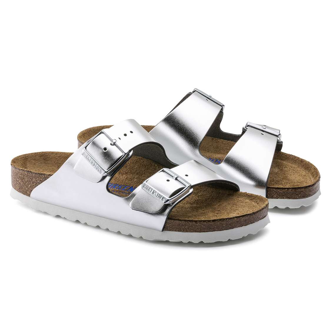 Silver Birkenstock Arizona Soft Footbed Leather Women's Two Strap Sandals | ViZeKc3T4fi