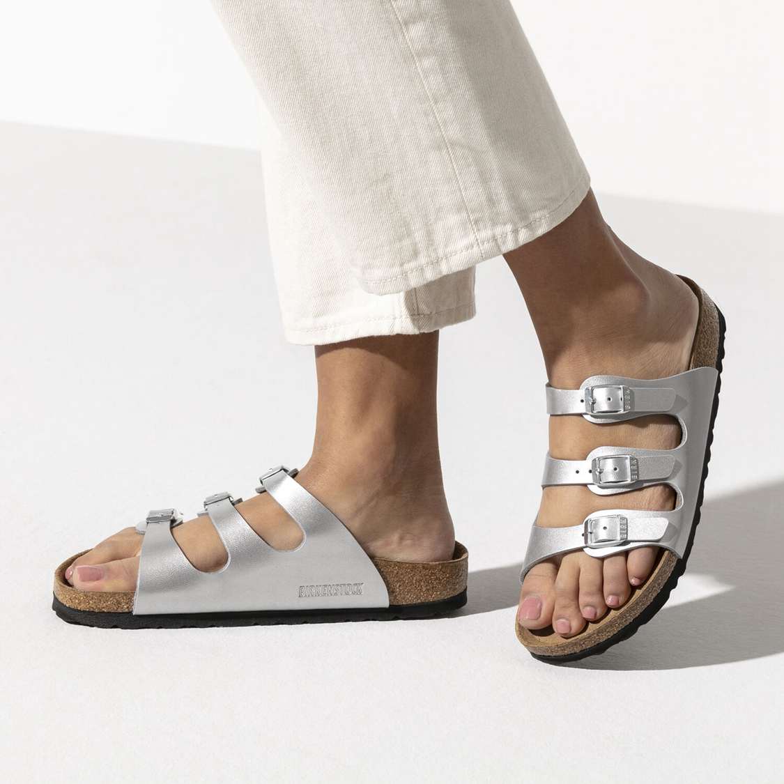 Silver Birkenstock Florida Birko-Flor Women's Multi Strap Sandals | E9BLL71ocAT