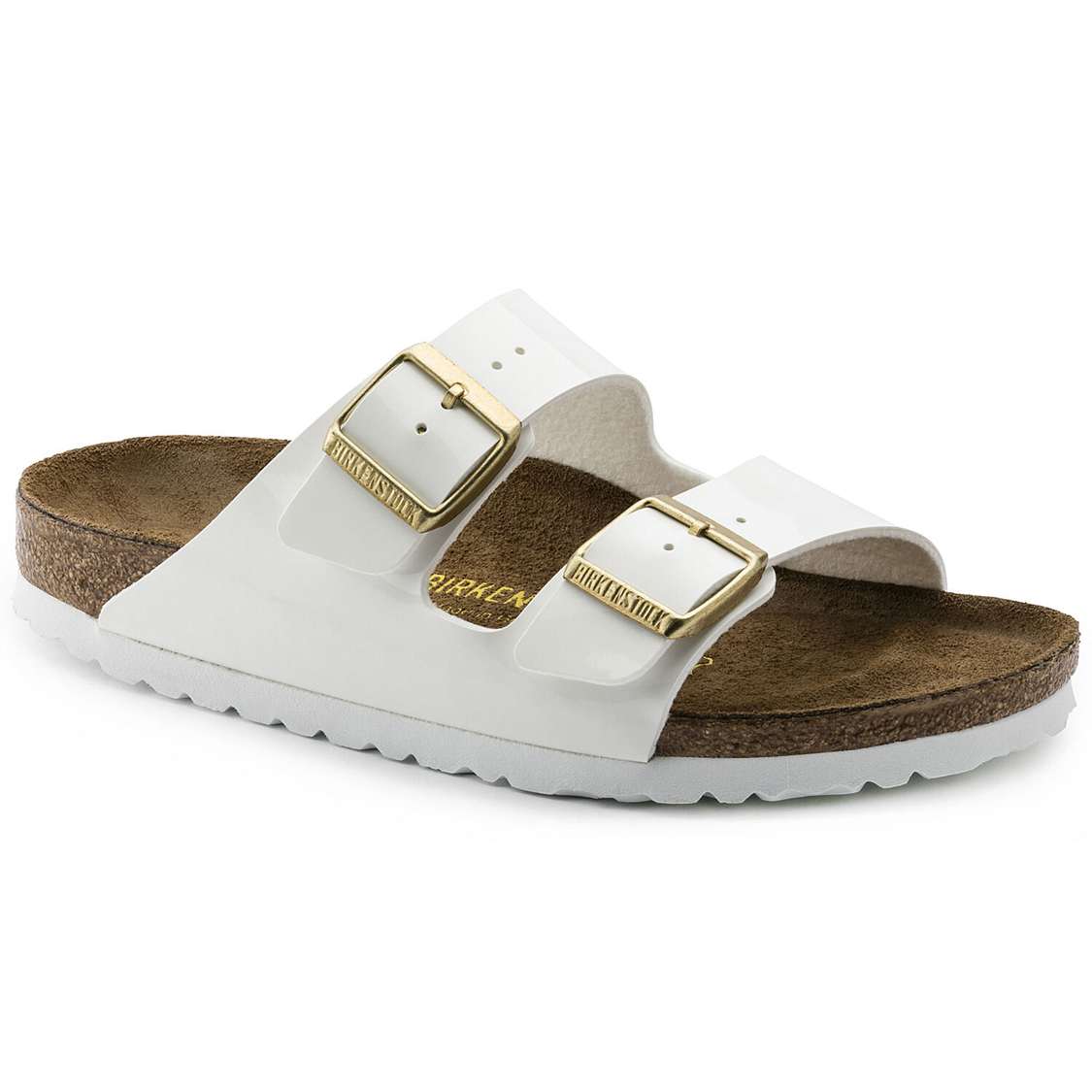 White Birkenstock Arizona Birko-Flor Patent Men\'s Two Strap Sandals | 4xqVBXaVCTH