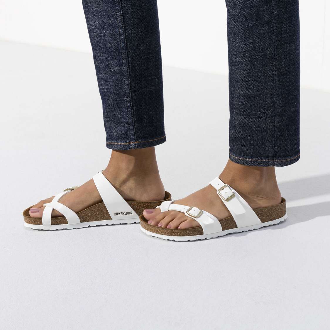 White Birkenstock Mayari Birko-Flor Patent Women's Thong | lCABwDjzN7S