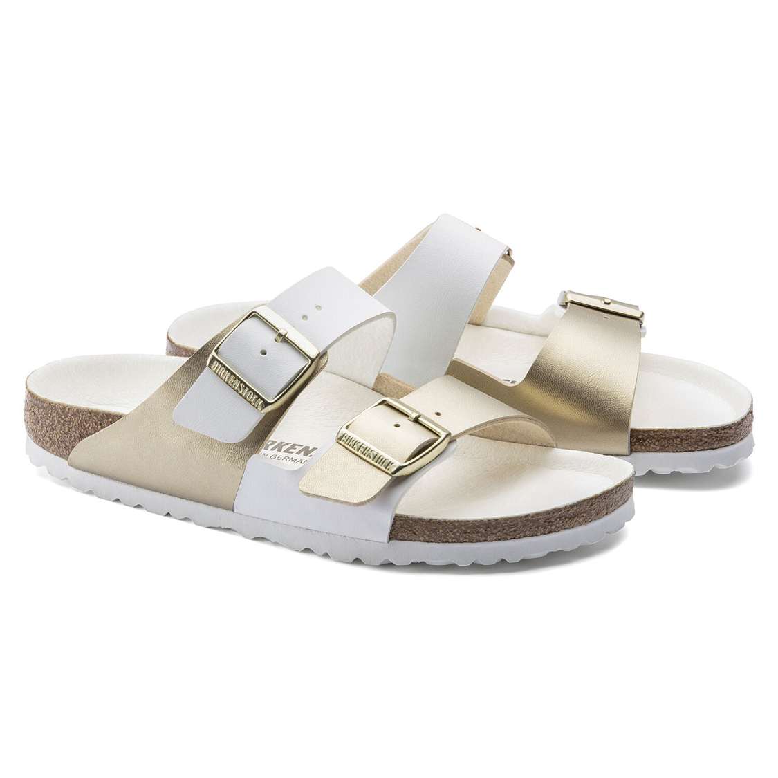 White / Gold Birkenstock Arizona Split Birko-Flor Women's Two Strap Sandals | q36fZHsJv1s