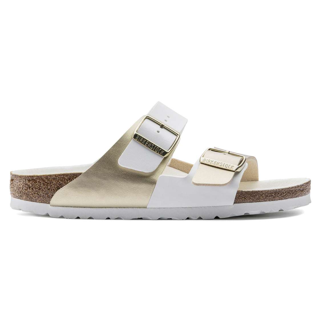 White / Gold Birkenstock Arizona Split Birko-Flor Women's Two Strap Sandals | q36fZHsJv1s